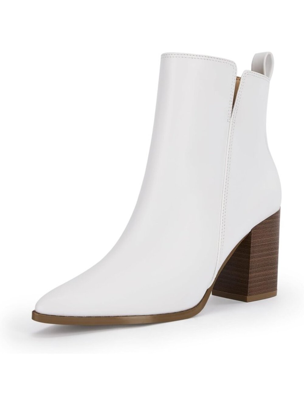 Women's White V Cutout Pointed Toe Block Chunky Heel Side Zipper Ankle Boots